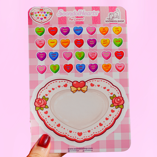 Soondol Hearts - Valentine's Conversation Hearts Sticker Sheet 4.5x6.75 Inch