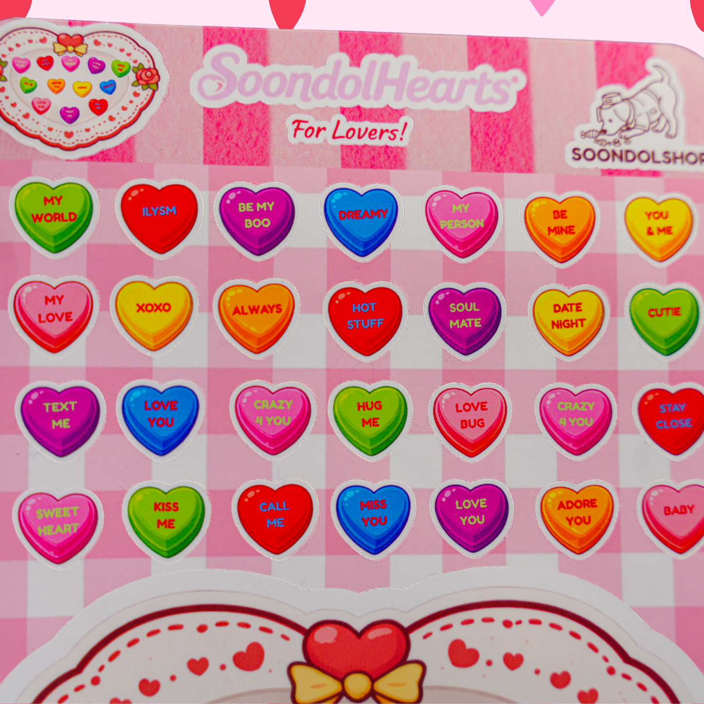 Soondol Hearts - Valentine's Conversation Hearts Sticker Sheet 4.5x6.75 Inch