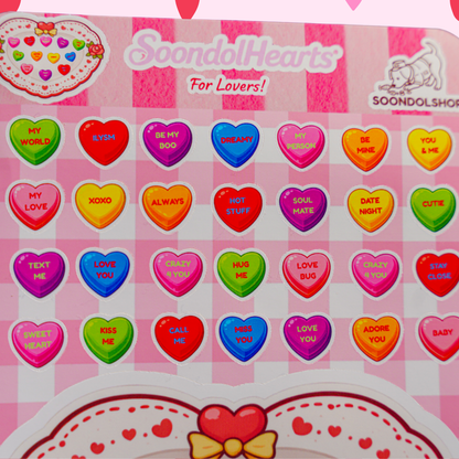 Soondol Hearts - Valentine's Conversation Hearts Sticker Sheet 4.5x6.75 Inch