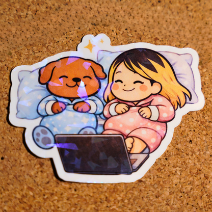 Snuggle & Stream Sticker - Pretty Cozy Soondol & Me Movie Night | Cute Warm Dog Kawaii Sticker 3x3