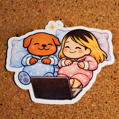 Snuggle & Stream Sticker - Pretty Cozy Soondol & Me Movie Night | Cute Warm Dog Kawaii Sticker 3x3