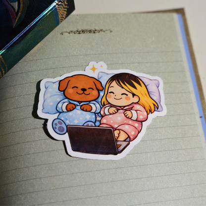 Snuggle & Stream Sticker - Pretty Cozy Soondol & Me Movie Night | Cute Warm Dog Kawaii Sticker 3x3