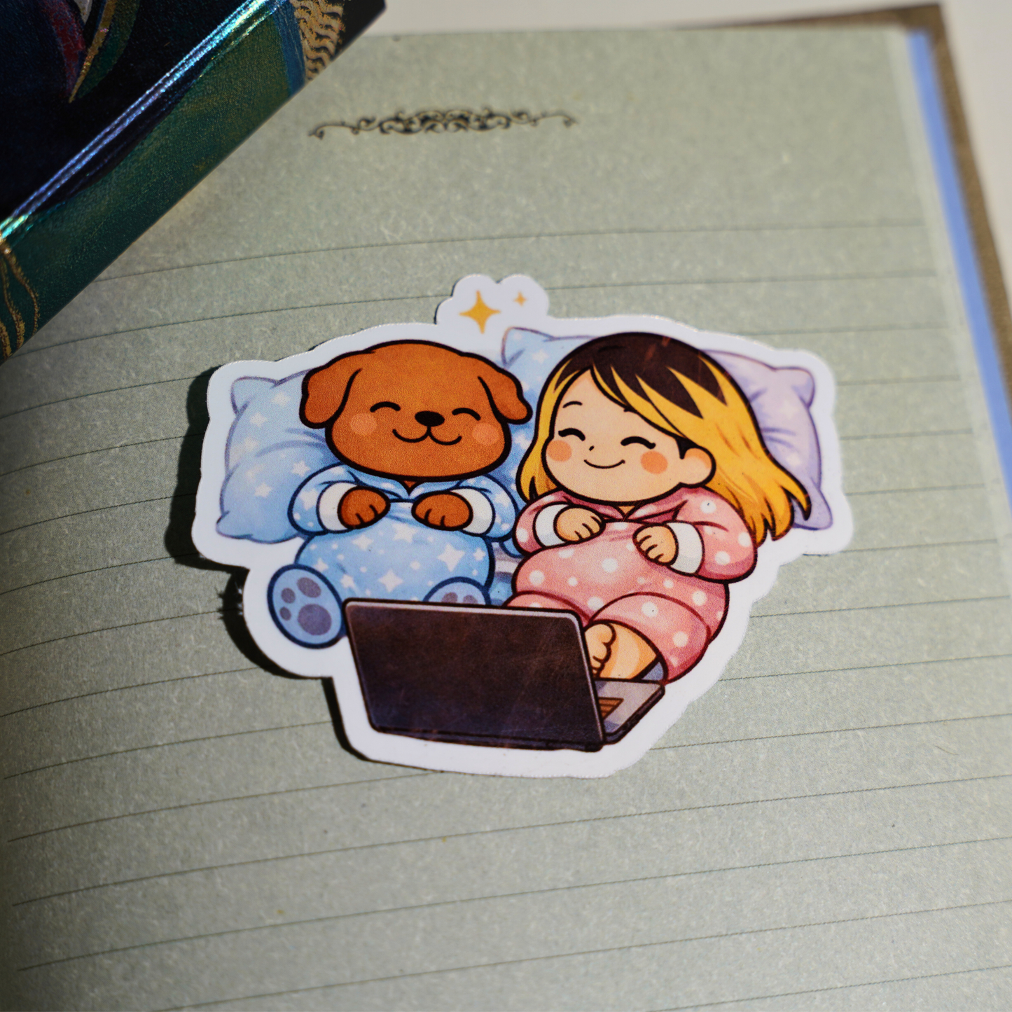Snuggle & Stream Sticker - Pretty Cozy Soondol & Me Movie Night | Cute Warm Dog Kawaii Sticker 3x3